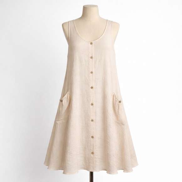 Unbranded Dresses & Skirts - Lagenlook Button Pockets Midi Dress Size M Tan Textured Boho Cottagecore Coastal